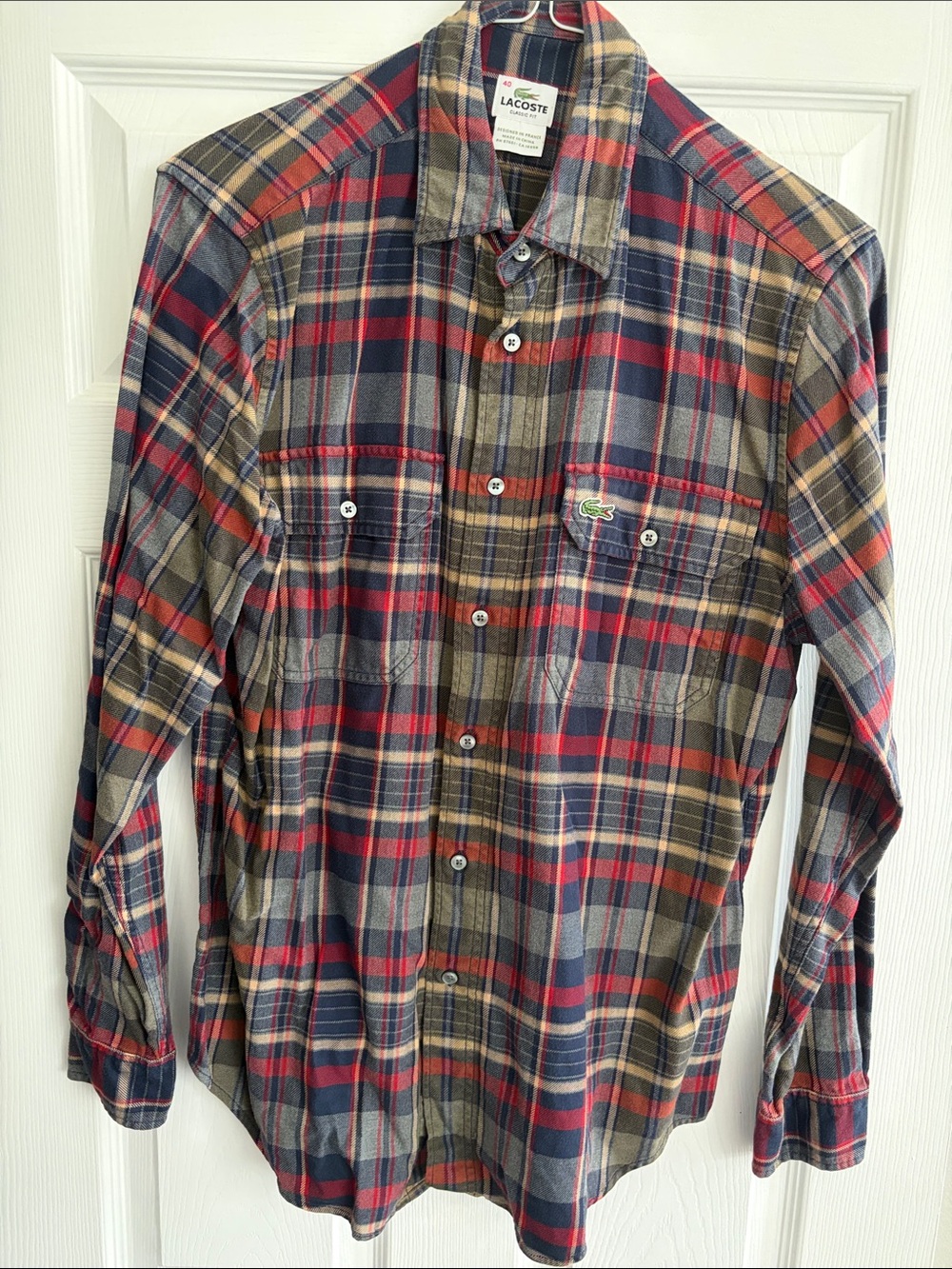 Lacoste Men's Red Navy Green Plaid Button-Down Shirt